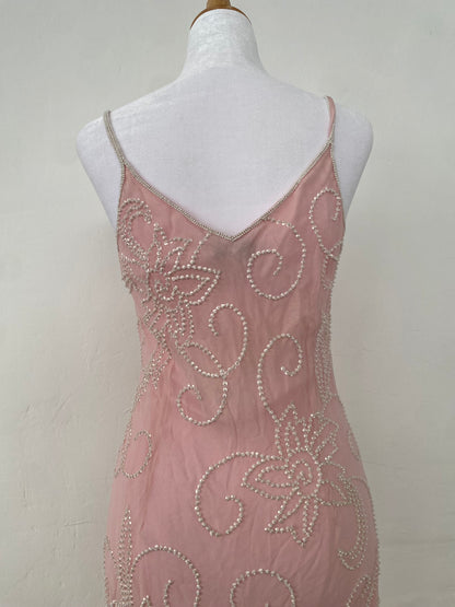 100% silk brand new baby pink maxi dress with handbeaded details
