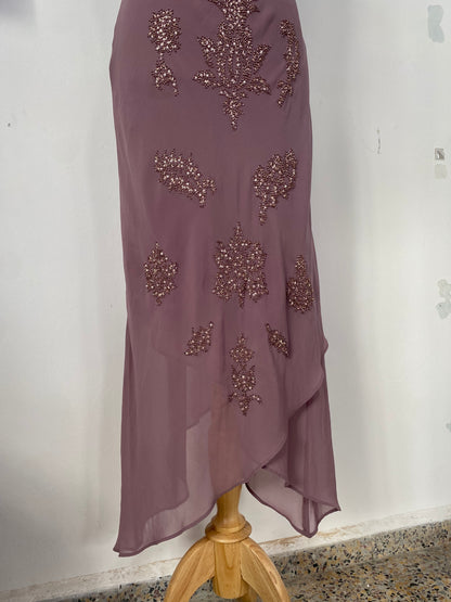 All over handbeaded mauve maxi fairy dress