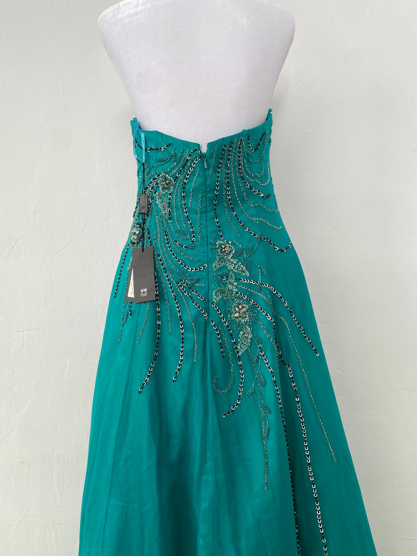 100% silk brand new maxi strapless gown with all over handbeaded details