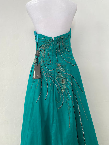 100% silk brand new maxi strapless gown with all over handbeaded details