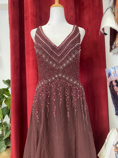 100% silk deep purple gown with sequin details all over