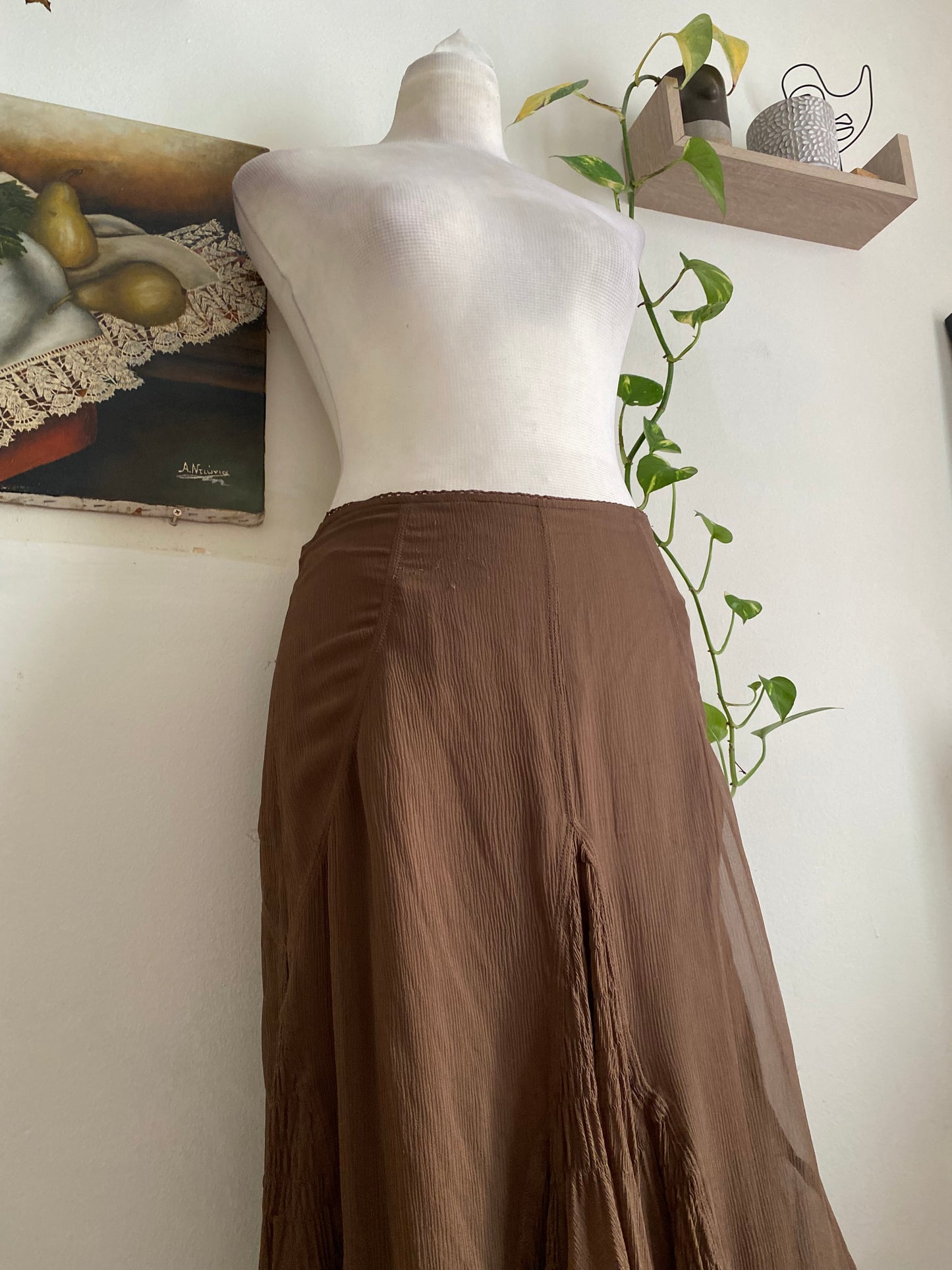 100% silk brown maxi ruffled skirt