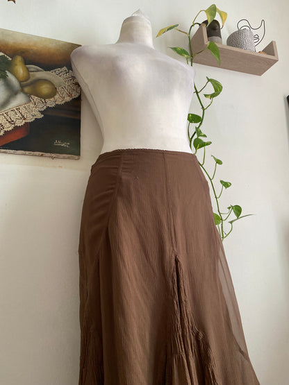 100% silk brown maxi ruffled skirt