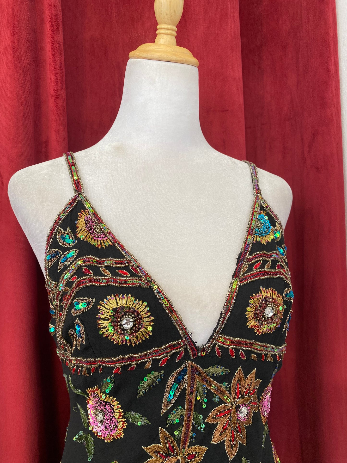 100% silk brand new handcrafted black gown with colourful embellishments 💐