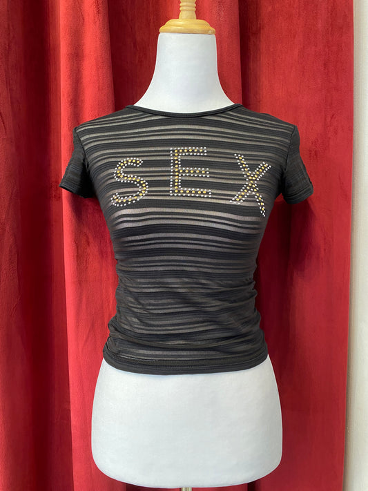 Brand new black stripped top with sex rhinestone details
