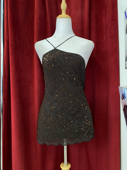 Silk dark brown sequin summer top ☕️