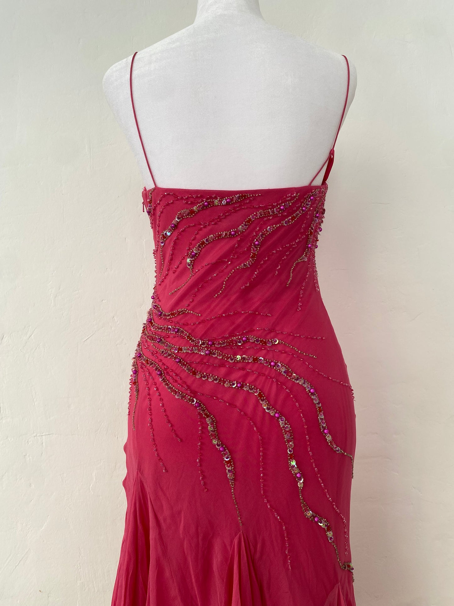 100% silk brand new pink handbeaded ruffled gown