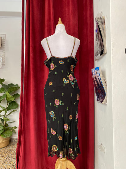 100% silk brand new handcrafted black gown with colourful embellishments 💐