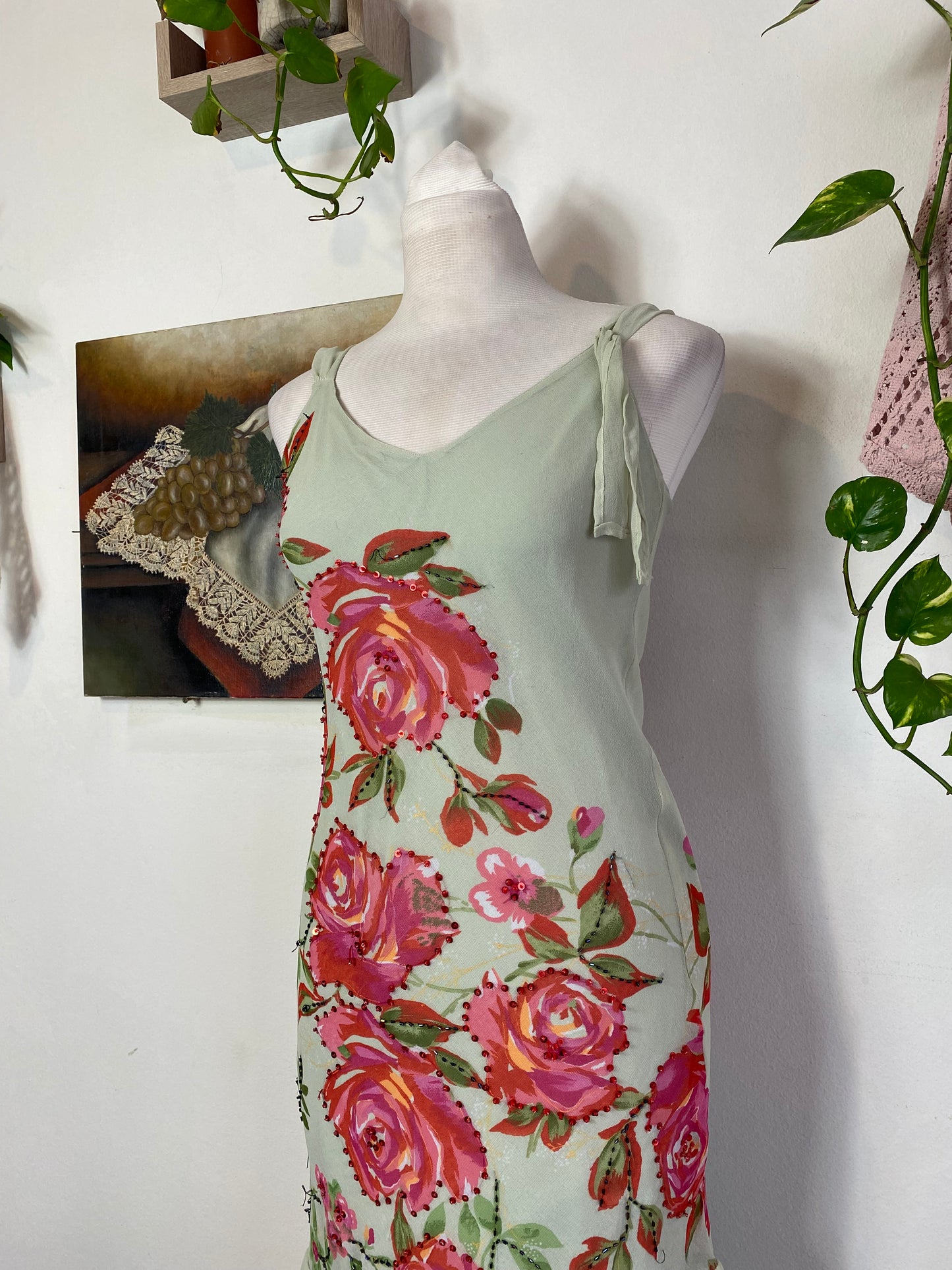 Handbeaded ruffled floral dress