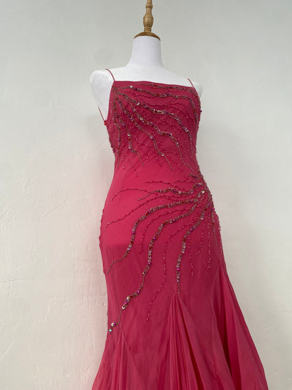 100% silk brand new pink handbeaded ruffled gown