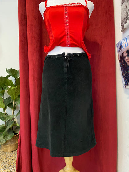 Corduroy midi skirt with leather belt details
