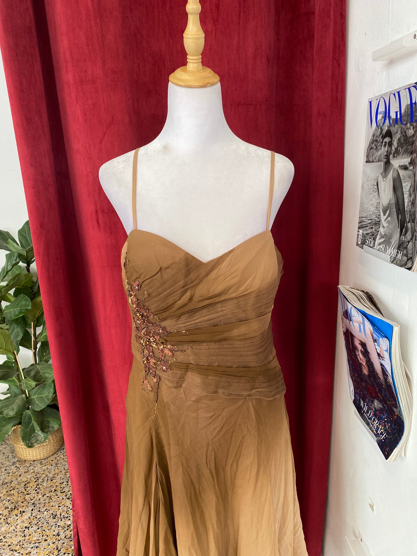 100% silk forest brown sequindress gown