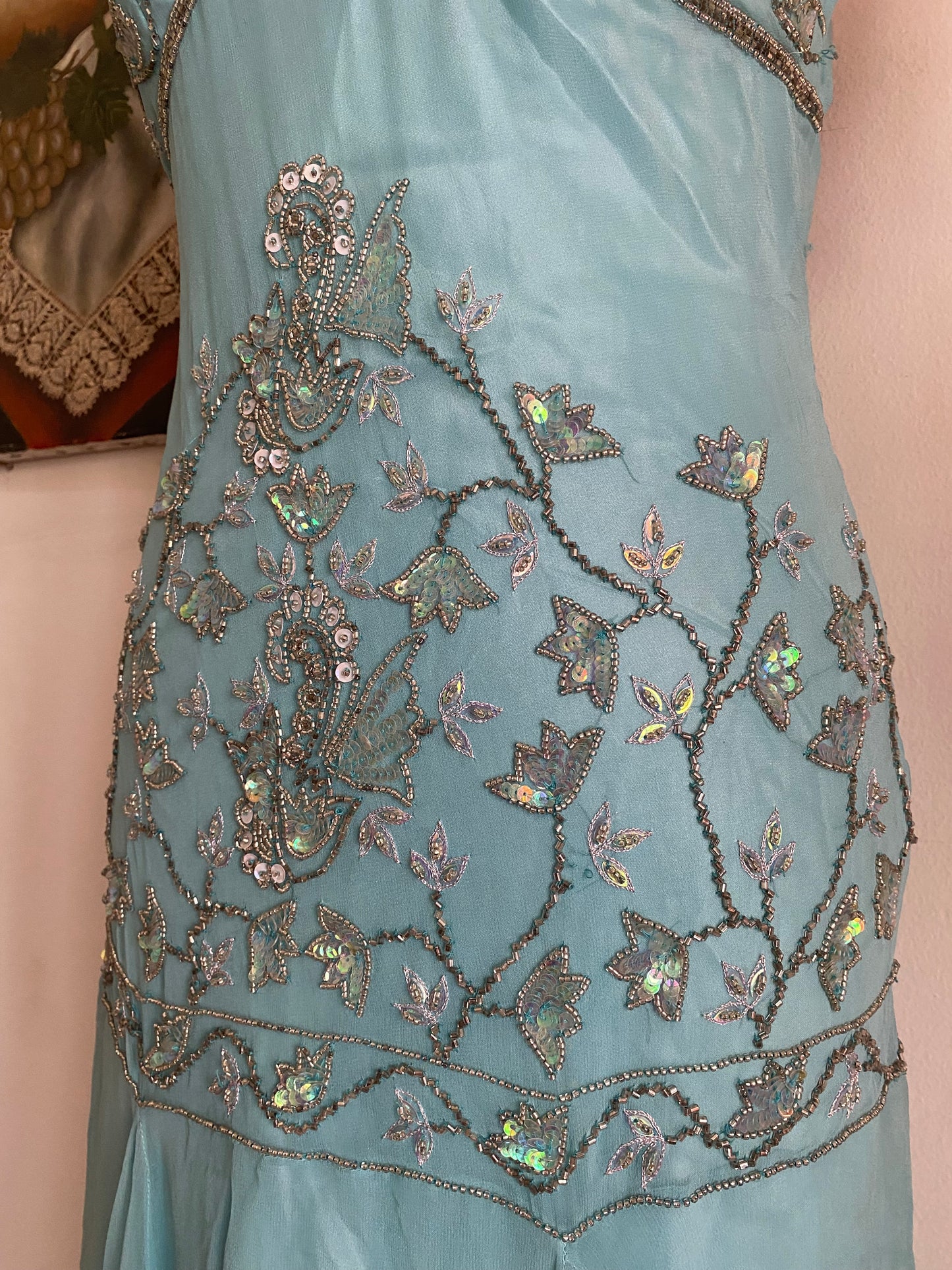 100% silk fairy baby blue gown with handbeaded details all over