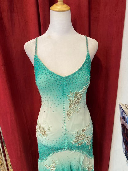 100% silk turquoise all over sequin ruffled dress🧚