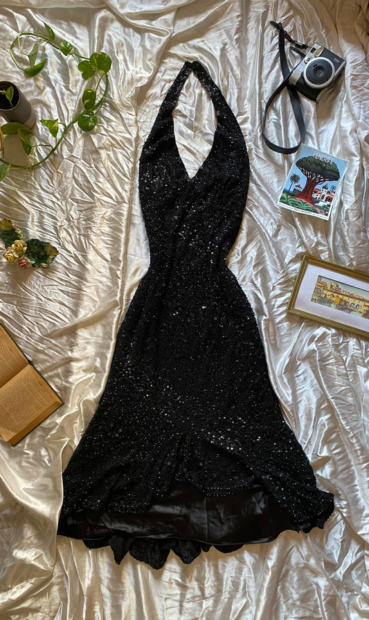 100% silk all over handbeaded black gown