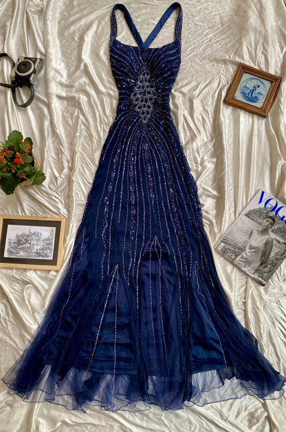 100% silk midnight blue handbeaded gown 🌌