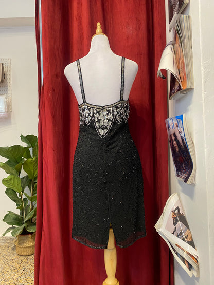 100% silk black dress with all over handbeaded details