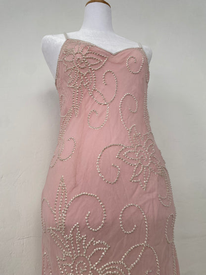 100% silk brand new baby pink maxi dress with handbeaded details