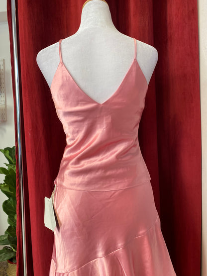 Brand new pink satin set with ruffled details
