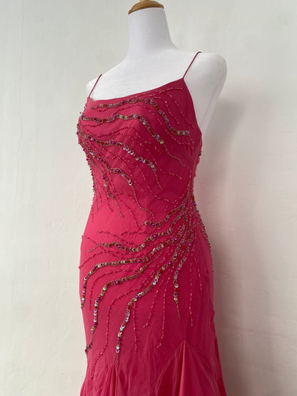 100% silk brand new pink handbeaded ruffled gown