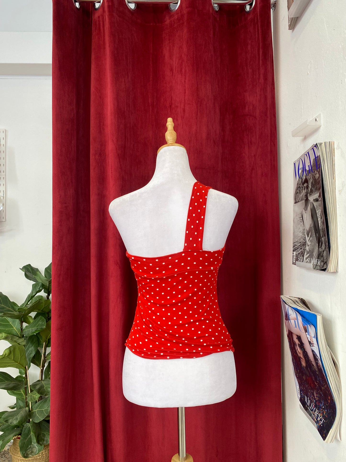 One shoulder red polka dot top