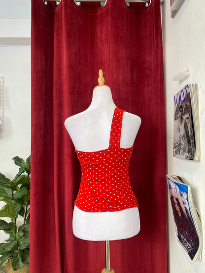 One shoulder red polka dot top