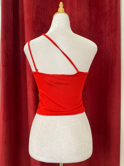 One shoulder red top