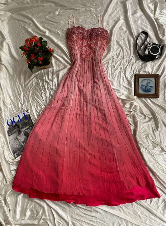 100% silk all over handbeaded ombré pink gown