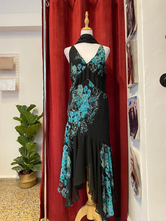 All over handbeaded maxi ruffled dress with matching scarf