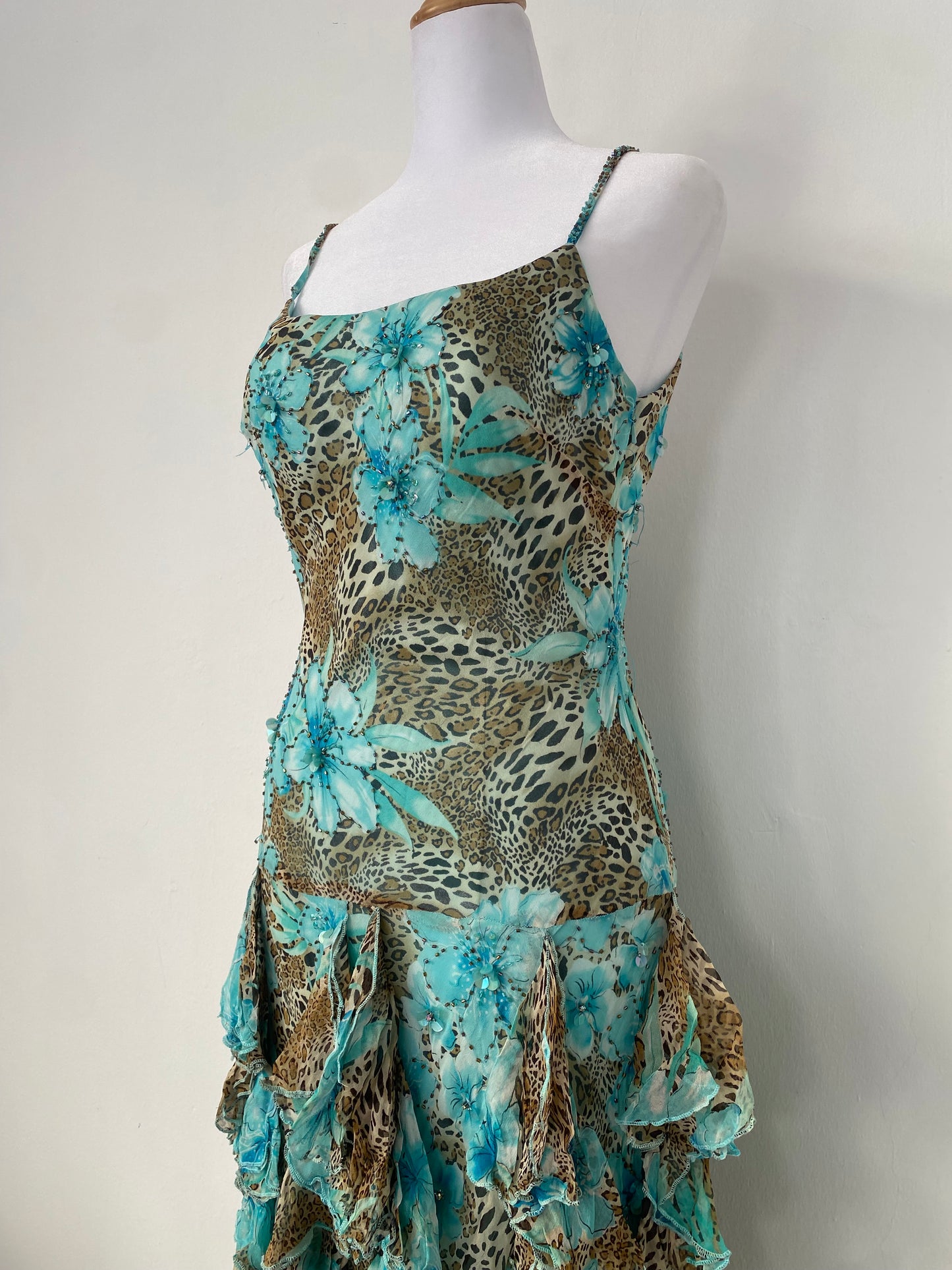 100% silk brand new animal print ruffled gown with handbeaded details