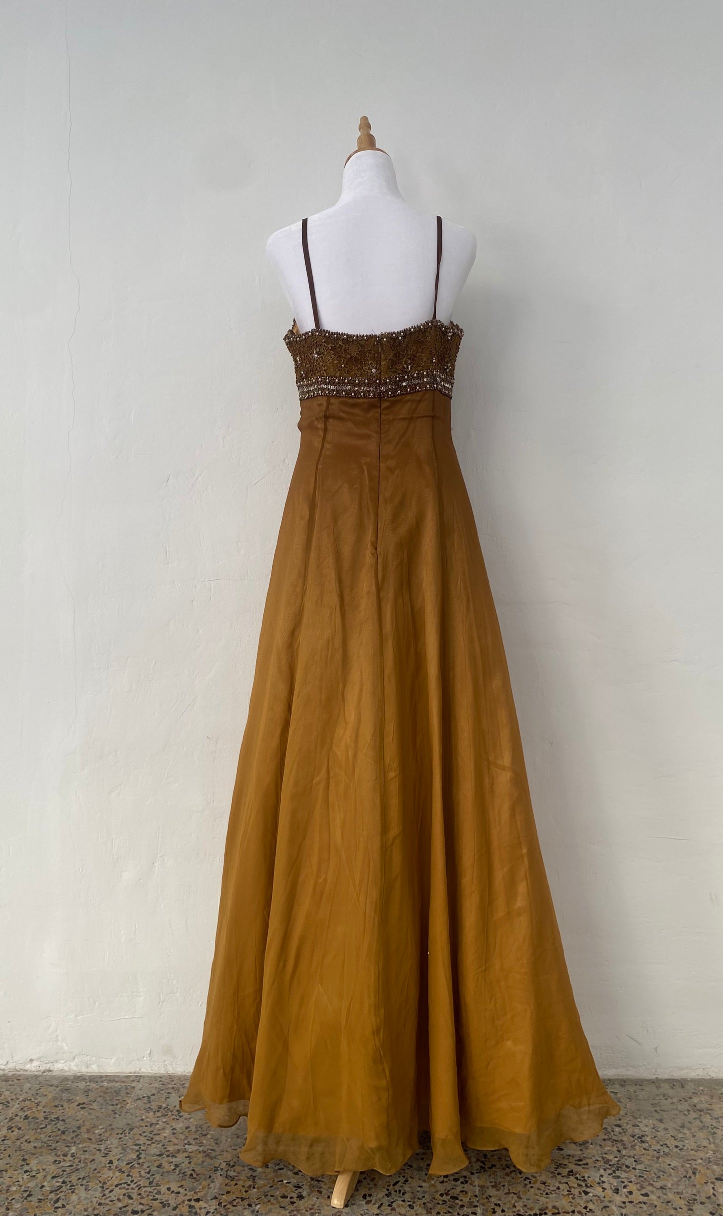 100% silk brand new brown handbeaded maxi dress