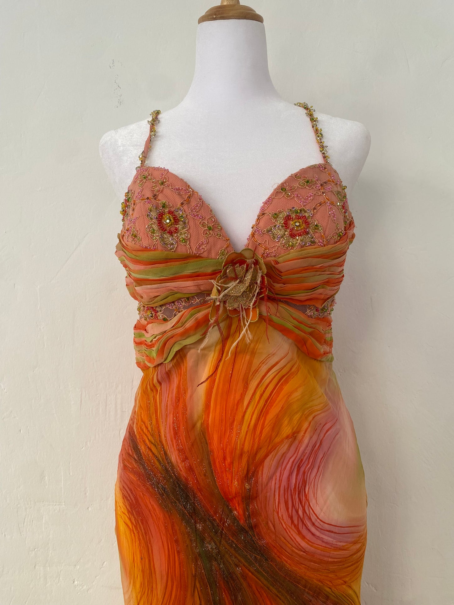 100% silk brand new sunset gown with handbeaded details