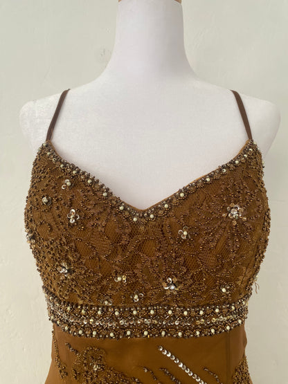 100% silk brand new brown handbeaded maxi dress