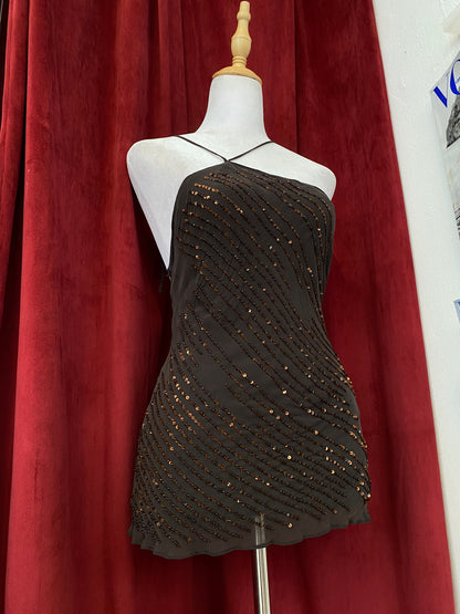 Silk dark brown sequin summer top ☕️