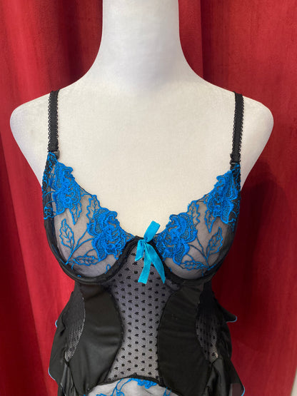 Black corset with blue hints and lace up details in the back