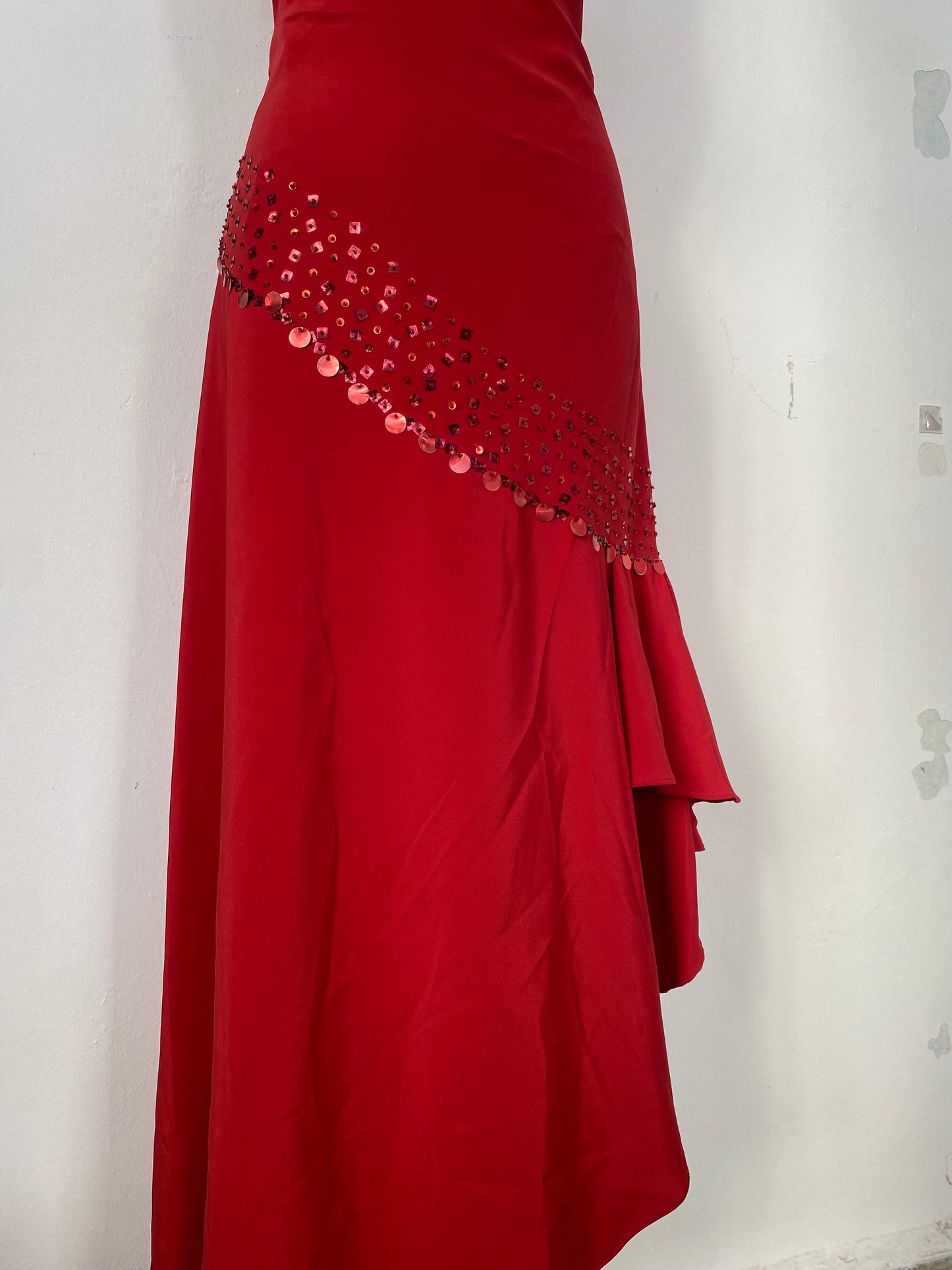 Brand-new deep red one shoulder maxi gown with sequin details
