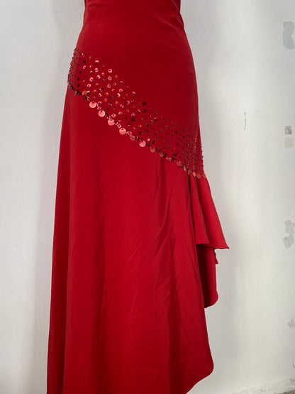 Brand-new deep red one shoulder maxi gown with sequin details