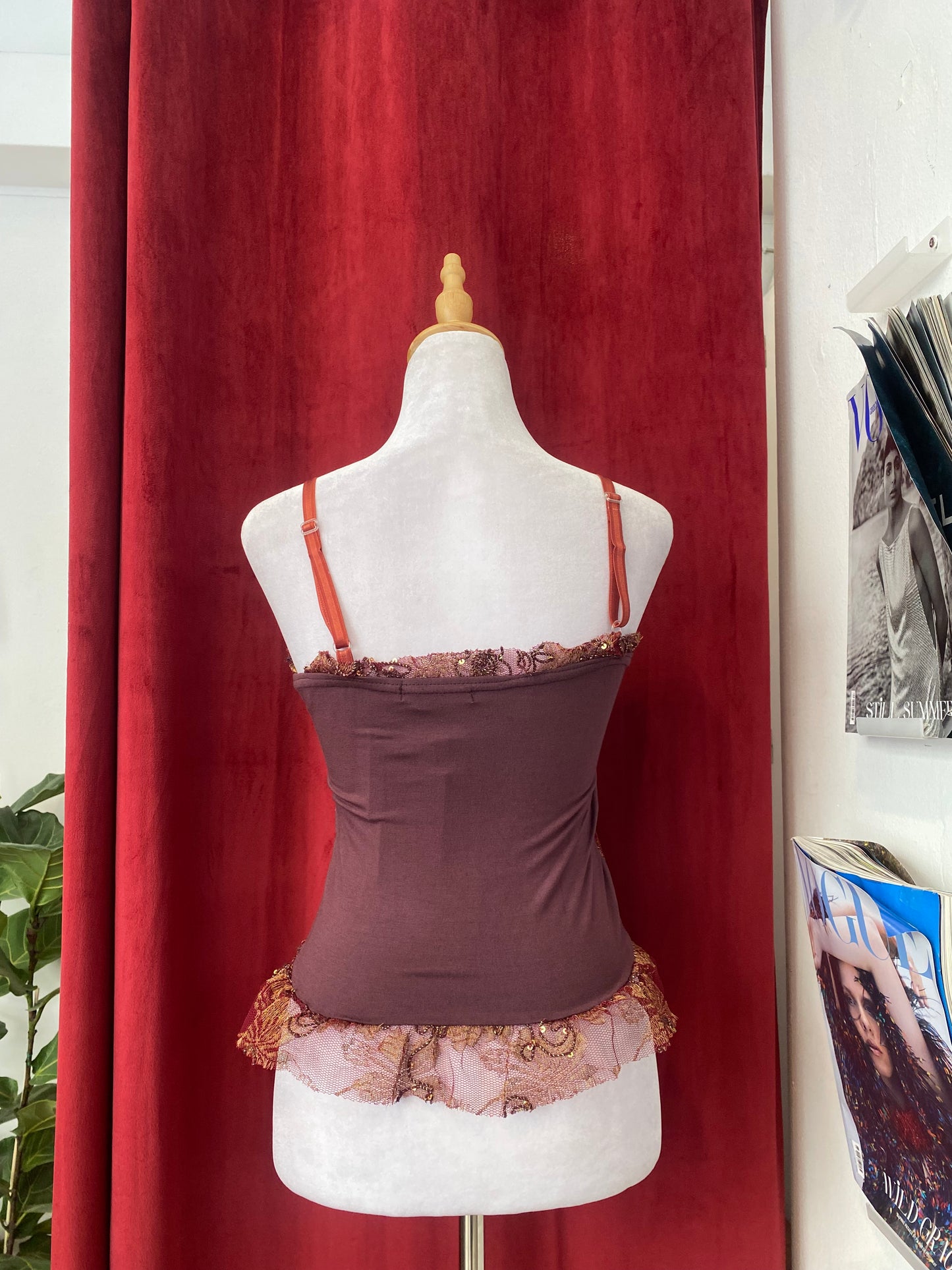 Burgundy top with gold lace ✨