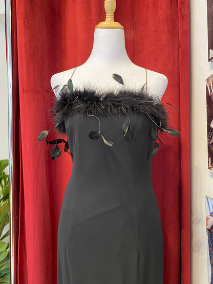 Brand new black gown with feather details