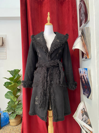 Black long embroidered Afghan coat with vegan fur