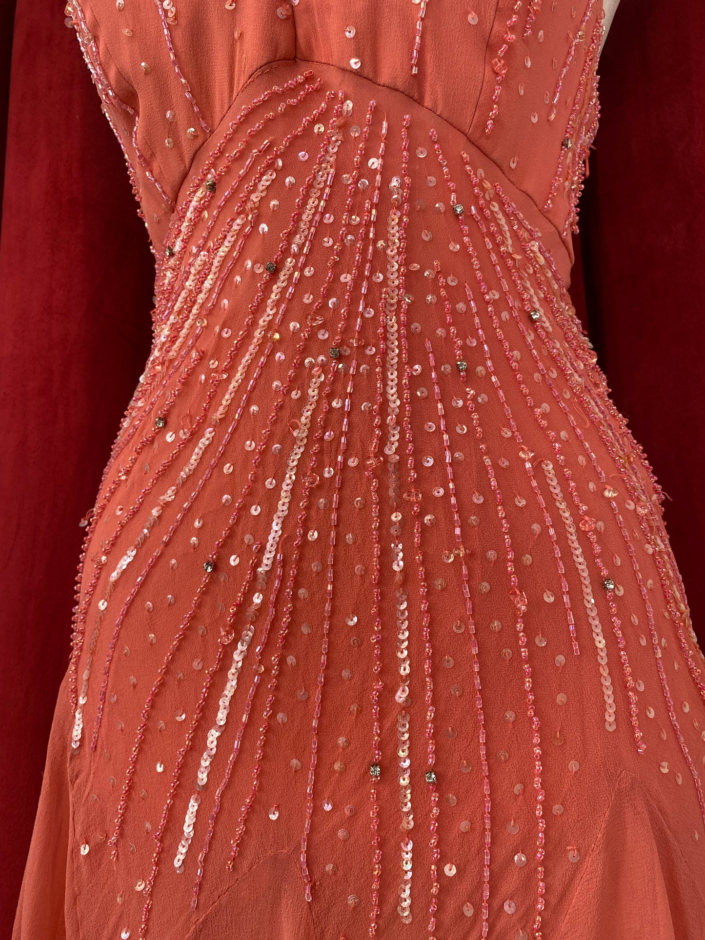 100% silk coral handbeaded dress