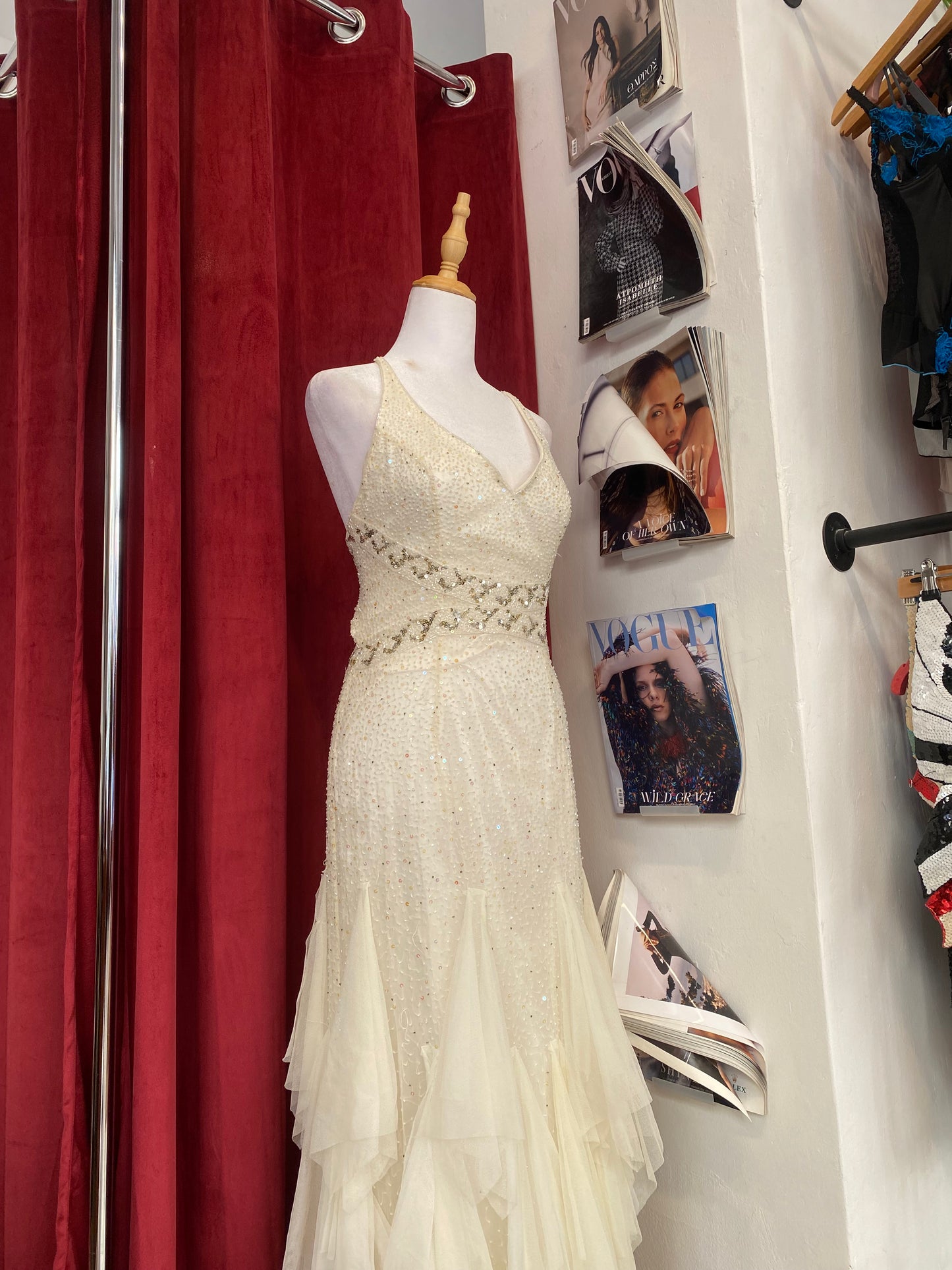 100% silk floor length gown with all over handbeaded details