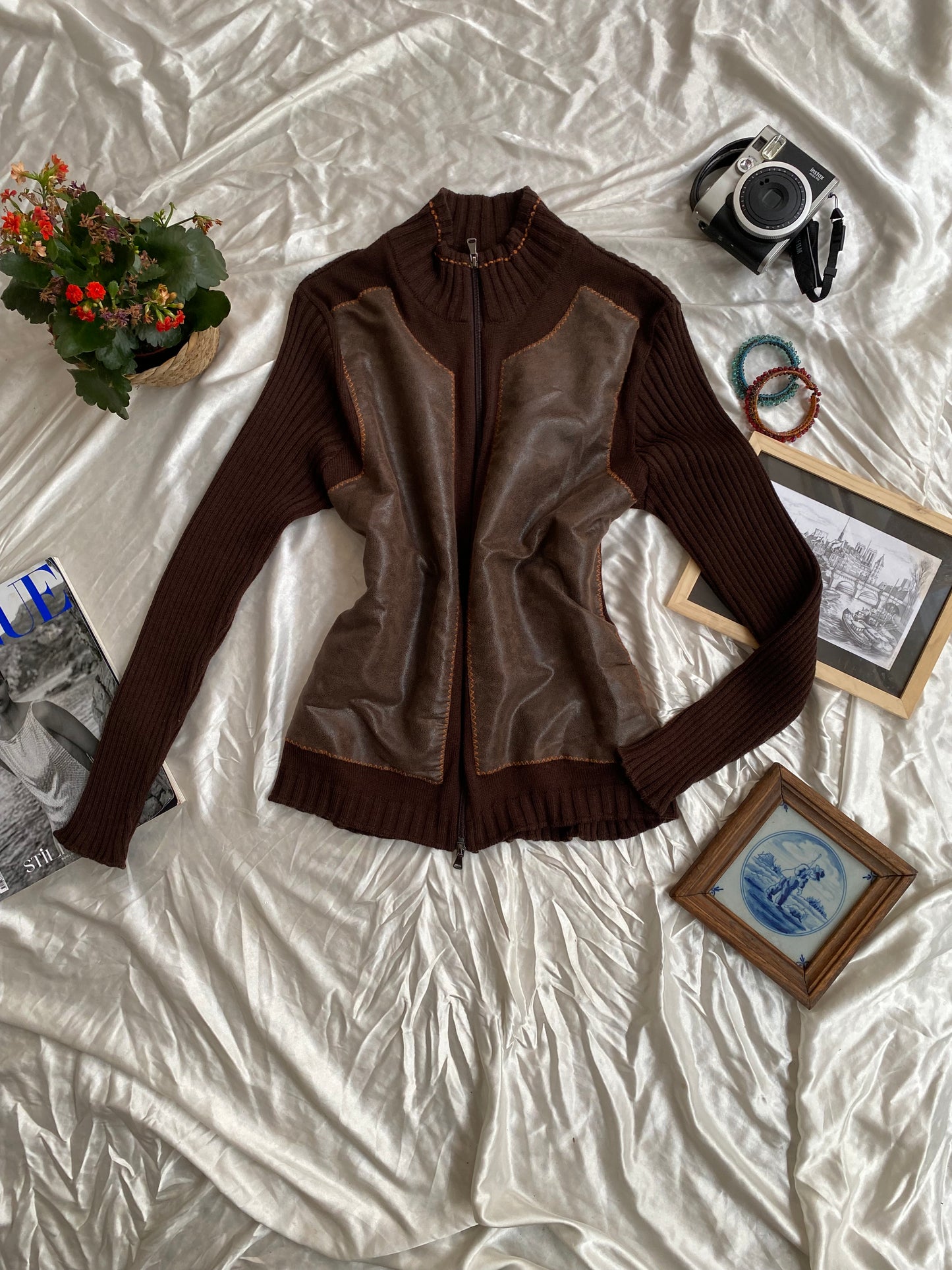 Brown leather crochet jacket