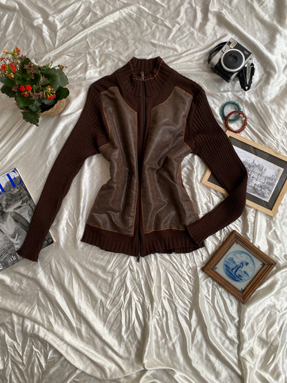 Brown leather crochet jacket