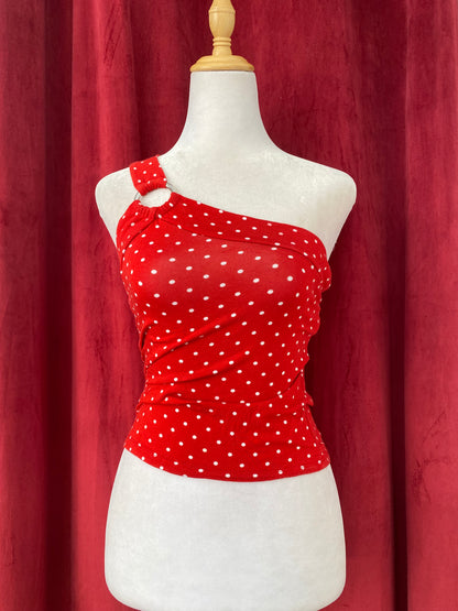Red one shoulder polka dot top